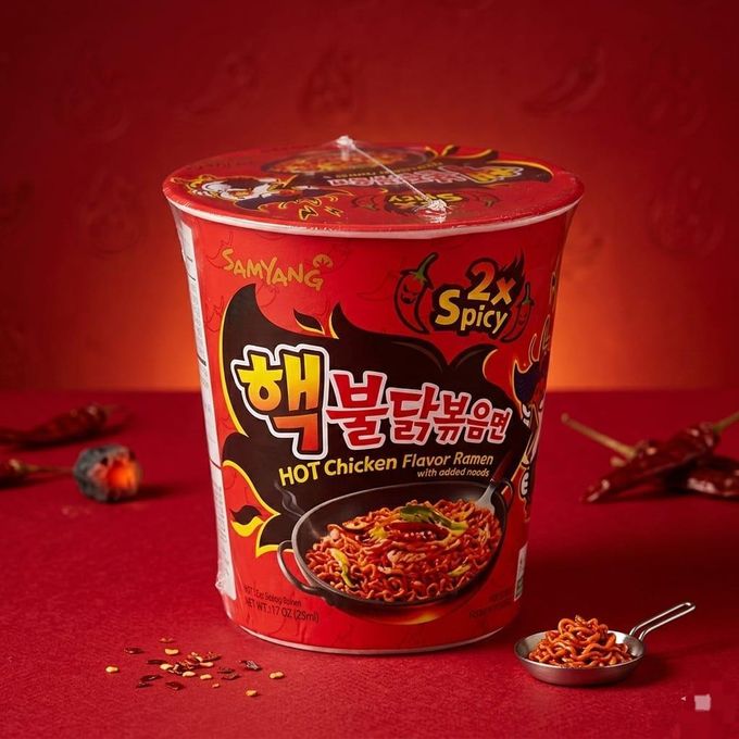 Samyang 2x Spicy Hot Chicken Flavor Ramen Cup Noodles Weight: 70g Origin: Korea 100% Halal Samyang 2x Spicy Hot Chicken Flavor Ramen Cup Noodles 70g - Image 1