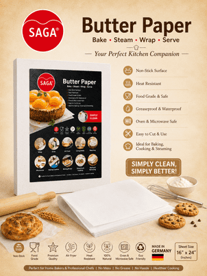 # SAGA Pro Premium Butter Paper Sheets – Non-Stick, Heat Resistant & Eco-Friendly 🇩🇪 **Made in Germany** 📏 **Sheet Size:** 16" x 24" Enhance your baking and food preparation experience with **SAGA Pro Premium Butter Paper Sheets**. Crafted for professional kitchens, bakeries, restaurants, and home bakers, these premium food-grade sheets offer excellent non-stick performance, heat resistance, and easy cleanup. Ideal for baking, wrapping, steaming, and food presentation, SAGA Butter Paper delivers reliable results every time. ### Key Features & Benefits ✅ **Superior Non-Stick Performance** Prevents food from sticking, ensuring easy release and maintaining the perfect shape of baked goods. ✅ **Heat Resistant up to 220°C (428°F)** Suitable for baking, roasting, reheating, and steaming applications without scorching or tearing. ✅ **Premium Food-Grade Quality** Made from high-quality, food-safe materials that help preserve the natural taste and freshness of food. ✅ **Eco-Friendly & Sustainable** Produced using responsibly sourced materials and designed with environmental sustainability in mind. ✅ **Strong & Durable** Resists tearing and maintains strength during baking, wrapping, and food handling. ✅ **Multi-Purpose Kitchen Essential** Perfect for baking, tray lining, food wrapping, steaming, dough rolling, and food presentation. ### Applications • Baking cakes, cookies, pastries, muffins, and breads • Lining baking trays, cake molds, and pans • Wrapping sandwiches, burgers, and bakery products • Steaming food and dim sum preparations • Rolling dough and pastry work • Food packaging and takeaway applications • Separating frozen foods and prepared ingredients ### Why Choose SAGA Pro? SAGA Pro Premium Butter Paper is designed to provide consistent performance in both commercial and home kitchens. Its non-stick surface reduces the need for additional oils and greases, while its excellent heat resistance helps achieve evenly cooked and beautifully presented food. Easy to use and easy to clean, it saves time and improves kitchen efficiency. **Bake, Wrap & Serve with Confidence – Every Time!** SAGA Pro Butter Paper Sheets - Image 1