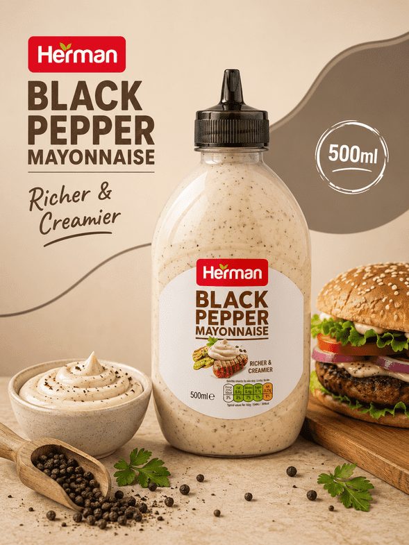 Herman Black Pepper Mayonnaise Richer And Creamier 500ml Weight : 500ml Origin : UAE Herman Black Pepper Mayonnaise 500ml - Image 1