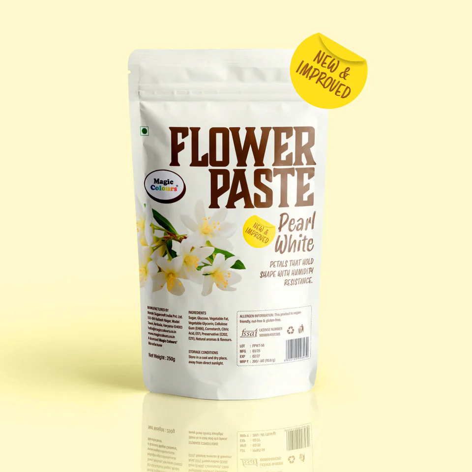 Flower Paste for Edible Flowers Pearl White 250g Magiculata Flower Paste is specially designed for sugar craft lovers who want to take their craft to the next level. Enjoy its smooth texture, pliability, stability, and ease of use for first-time users or professionals. Magiculata Flower Paste is selected by top artists worldwide. Origin: India Flower Paste for Edible Flowers Pearl White 250g - Image 1