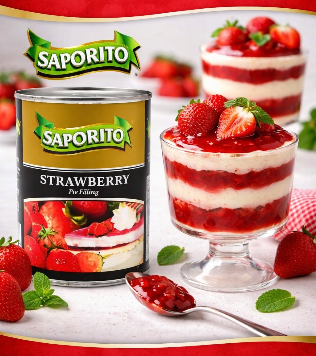 Saporito Strawberry Pie Filling (595 gm) is a ready-to-use pie filling ideal for desserts like pies, tarts, and cakes. It offers a delicious combination of sweet strawberries in a thick, syrupy filling, making it a convenient choice for bakers and home chefs. Ingredients: The ingredients typically include strawberry puree, sugar, corn syrup, and a gelling agent. The specific composition may vary, but it is mainly focused on strawberry and sweetener-based components. Use: This filling is ideal for making strawberry pies, tarts, or adding to other desserts like cakes, ice creams, or as a topping for pancakes. It can be used directly from the can for quick dessert preparation. Saporito Strawberry Pie Filling 595gm - Image 1