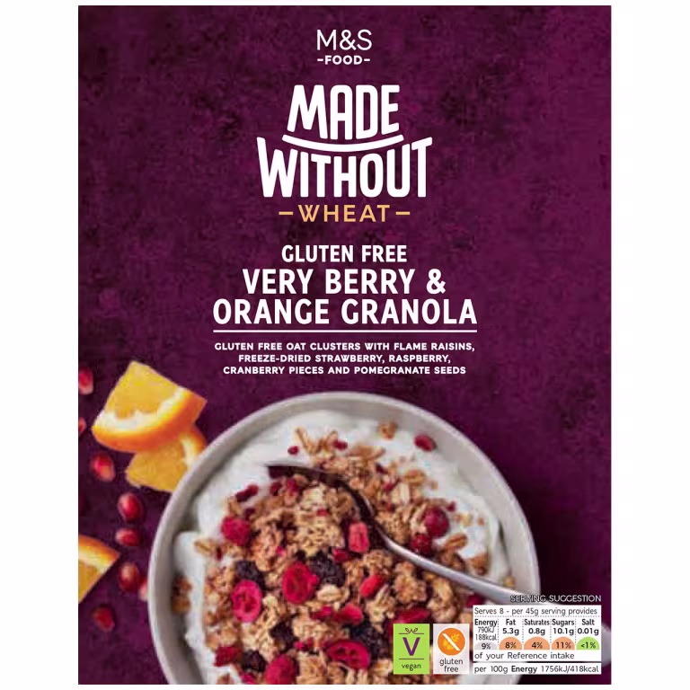 6bd6b3676f14f842c574e22cc1470757 M&S Made Without Wheat Very Berry and Orange Granola 360g - Image 1