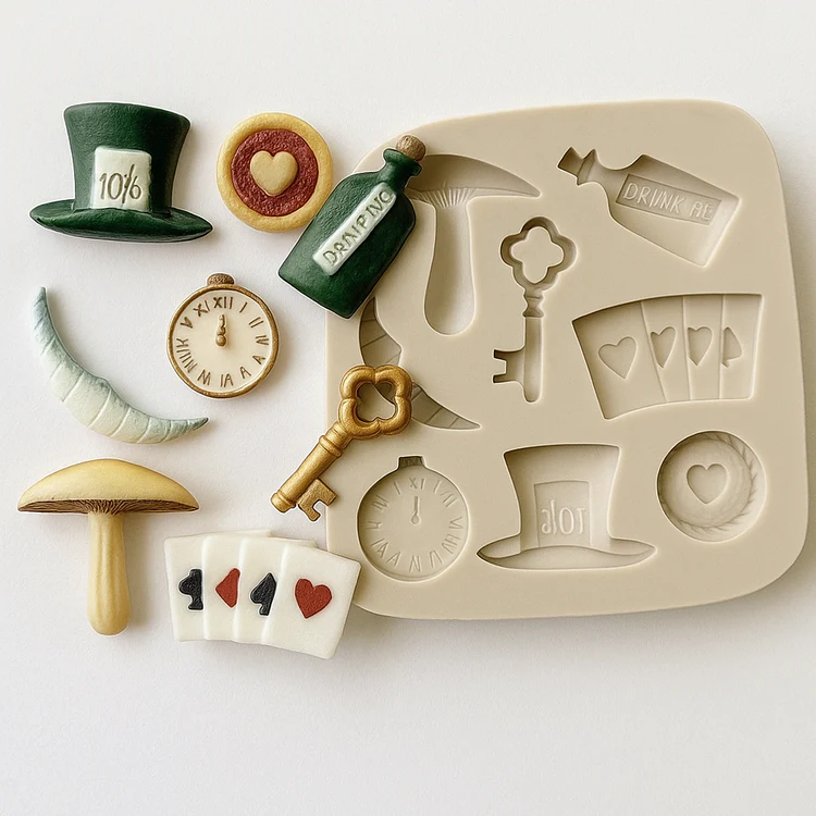 AliceInWonderlandHeartPieCardsMushroomCheshireCatSmileSiliconeMold Silicone Alice In Wonderland - Image 1