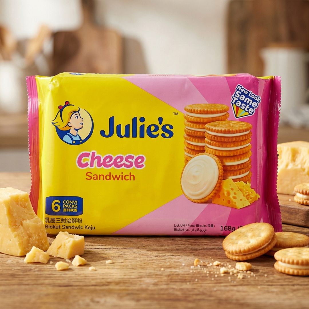 Weight: 530ggm Origin: Malaysia Julie’s Cheese Sandwich Biscuits 168gm - Image 1