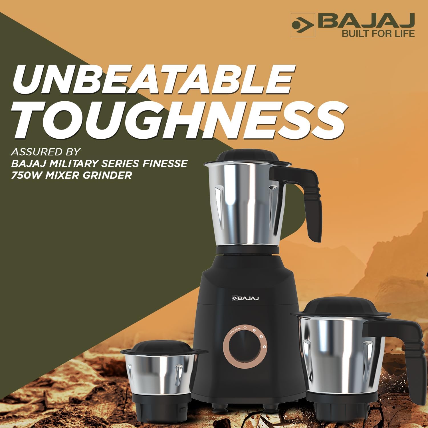 Bajaj Military Series Finesse 750W Mixer Grinder| 3 Stainless Steel Military Grade Jars* | DuraCut® Blades| Midnight Black Bajaj Military Series Finesse Mixer Grinder 750W - Image 1