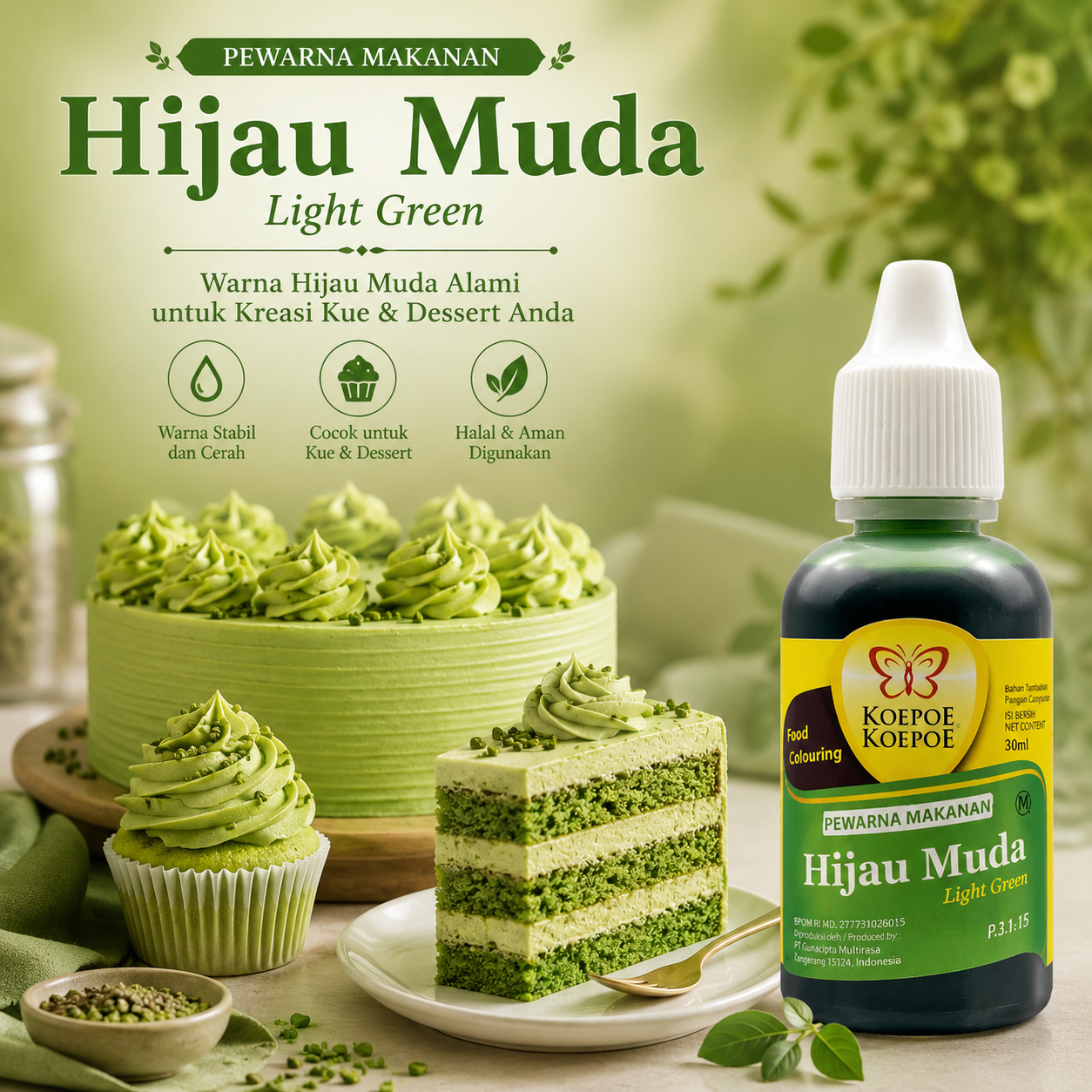 69EF7A05-A030-47A5-B4E9-D77972A8286E Koepoe Koepoe Hijau Muda Food Colouring – Light Green (30ml) - Image 1